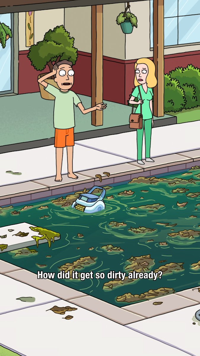 The image shows a man and woman standing next to an outdoor swimming pool that has been cleaned by a robot. They are both wearing green clothing. The text in the image reads "How did it get so dirty already?".