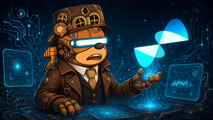 A steampunk-styled anthropomorphic bear character wearing goggles, displaying a glowing blue hydrogen/holographic molecule (H2) symbol on its palm against a circuit-board backdrop.