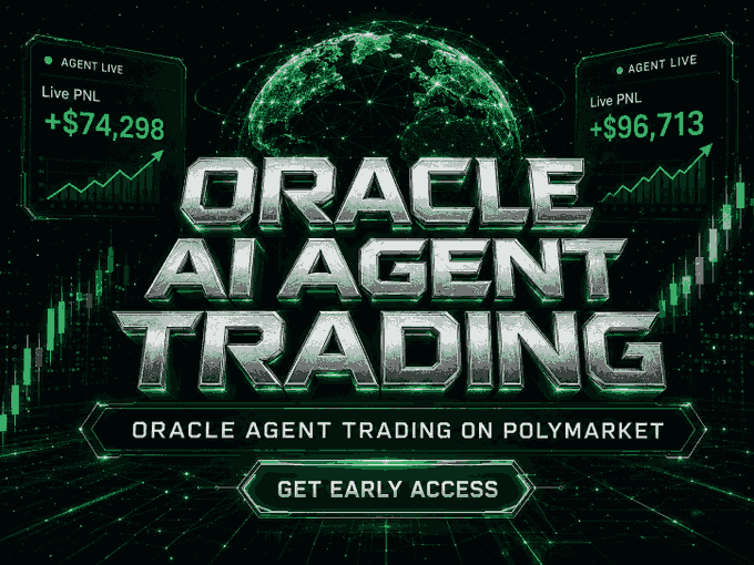 A dark green digital-themed promotional graphic for "ORACLE AI AGENT TRADING" featuring a glowing globe, candlestick charts, and two "AGENT LIVE" panels showing Live PNL figures of +$74,298 and +$96,713, with a "GET EARLY ACCESS" button at the bottom. The image advertises the Polygon-based AI trading platform mentioned in the post, visually reinforcing the claimed profit potential with simulated trading performance metrics.