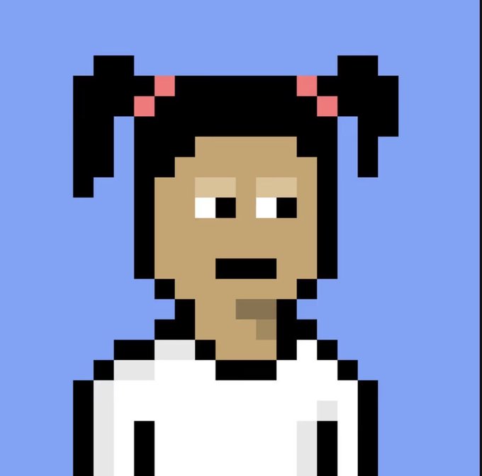 A pixel art portrait of a person with dark skin, pigtails with pink hair ties, and a white shirt against a blue background.
