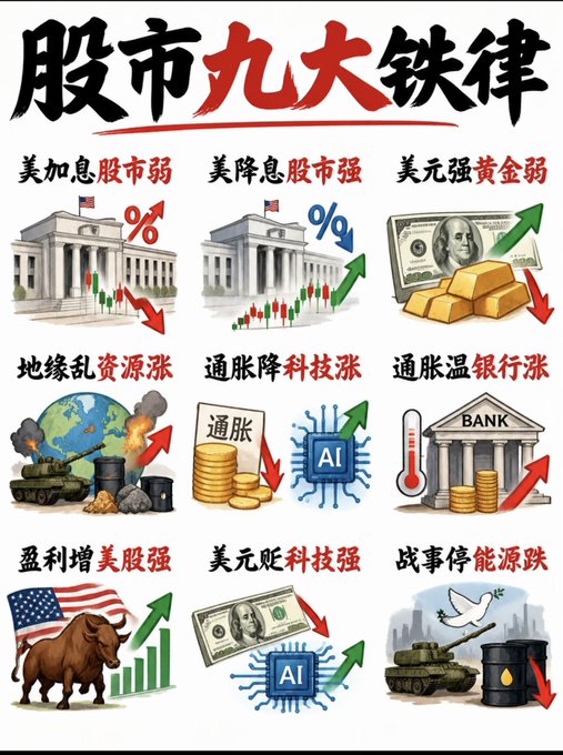 An infographic titled '股市九大铁律' (Nine Iron Rules of the Stock Market) displaying nine illustrations with Chinese phrases linking US interest rates, dollar strength, inflation, geopolitical events, and wars to stock market trends.