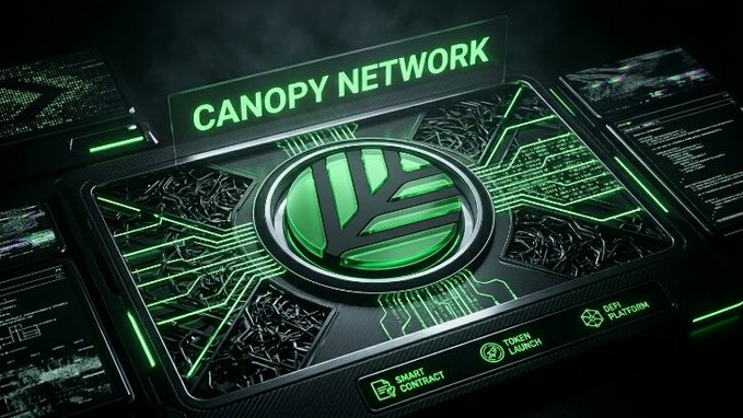 Futuristic green-lit interface for the Canopy Network, highlighting features like Smart Contract, Token Launch, and DeFi Platform.