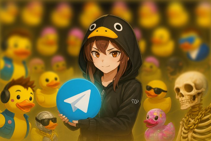 The image features a girl wearing a hoodie with a duck face design, holding up a blue paper with a message or logo that reads "@wallchain". The girl appears to be standing among other ducks, which are also wearing hoodies. The background of the image is filled with yellow ducks and a skeleton, creating an interesting contrast between the lively scene and the more serious topic represented by the girl's message on social media platforms.

The post that this image is related to discusses the issue of attention in Web3, where it has been noted that campaigns can be launched by any platform as long as they address a real problem or concern. The girl's message with her duck face design and the use of social media platforms like Twitter, Instagram, and Facebook highlights how people are using these channels to raise awareness about various issues and engage in conversations on important topics.