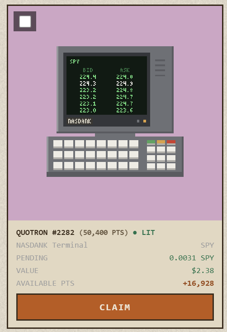 A pixel art interface of a NASDAQ terminal displaying SPY bid/ask prices, with a 'QUOTRON #2282' card showing 50,400 PTS and an option to claim a value of $2.38.