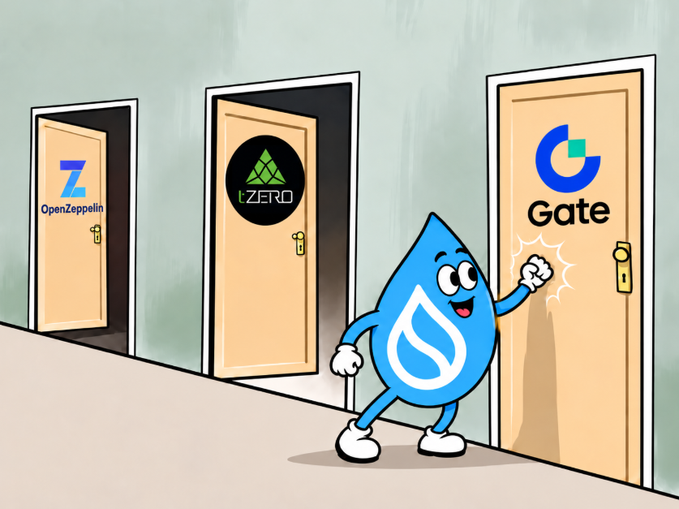 A cartoon illustration of the Sui water drop mascot knocking on a door labeled "Gate", with two other doors labeled "OpenZeppelin" and "i:ZERO" visible in the hallway.