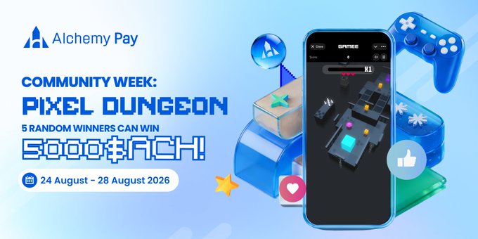 The image is a promotional graphic for Alchemy Pay's "Community Week: Pixel Dungeon" event, announcing that 5 random winners can win 5000 $ACH from August 24-28, 2026, featuring a smartphone displaying the pixel-style dungeon game alongside gaming-themed elements like a blue controller and a treasure chest.