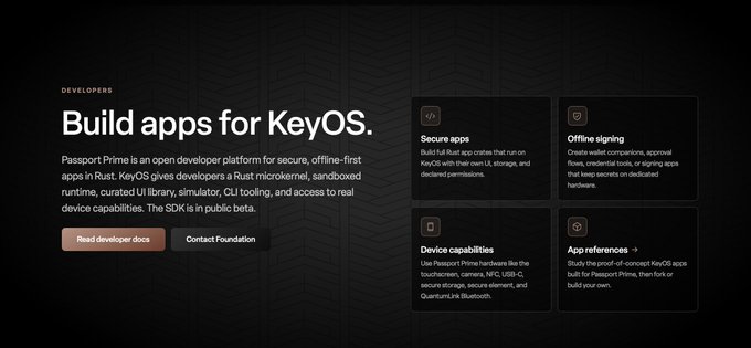The image is a promotional webpage for KeyOS, headlined "Build apps for KeyOS," highlighting features like secure apps, offline signing, device capabilities, and app preferences through Passport Prime, an open developer platform in public beta. It directly supports the post's message by showcasing the variety of applications being developed for the platform.