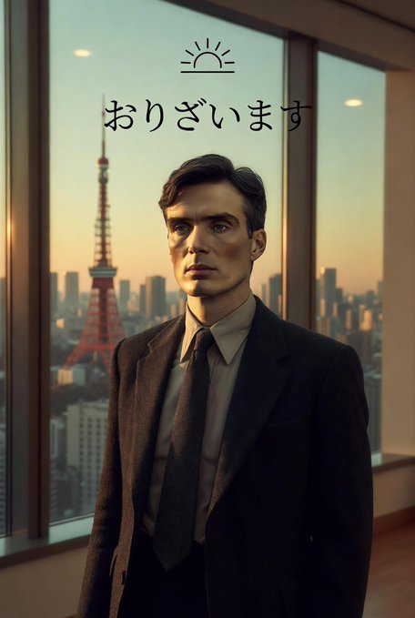 A portrait of a young man in a suit with an orange and black striped tie, set against a window view of Tokyo Tower with Japanese text 'おりざいます' (welcome/good day) and a sunrise icon above.