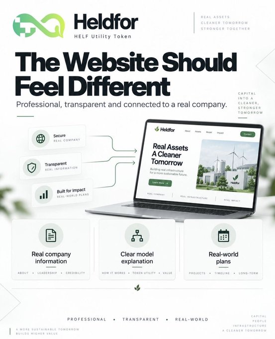 A promotional graphic for 'Heldfor HELF Utility Token' with the headline 'The Website Should Feel Different,' highlighting features like Secure Real Company, Transparent Real Information, and Built for Impact.