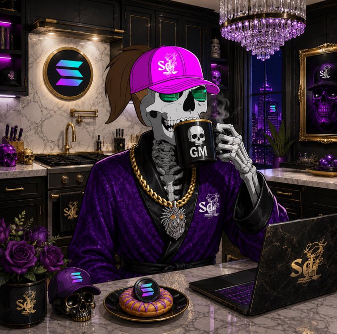 A stylized digital artwork of a skeleton wearing a purple 'SdL' cap and robe, sitting in a luxurious kitchen with purple accents, drinking from a 'GM' mug while working on a laptop.