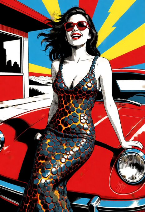 A pop art style illustration of a woman in red sunglasses laughing joyfully, wearing a black dress with a vibrant scale-like pattern, standing next to a classic red car with a stylized sunburst background.