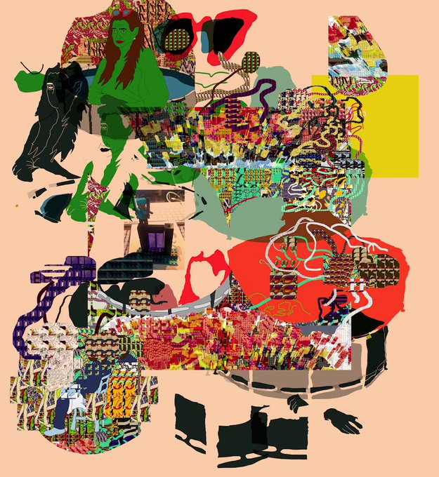 A chaotic digital collage artwork composed of abstract patterns, glitch textures, and a green-tinted figure of a woman against a peach background.