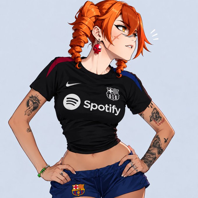 An anime-style illustration of a girl with orange braided hair wearing an FC Barcelona jersey with "Spotify" logo, displaying tattoos on her arms.