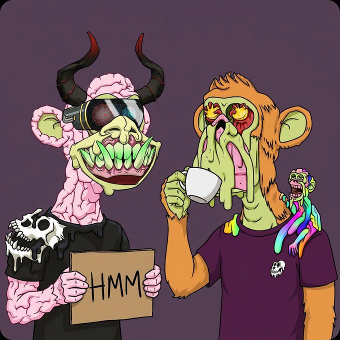 The image features two cartoon characters, a man with an orange head wearing a purple shirt holding a sign that says "HMM", and another character dressed as a monkey also holding a cup of coffee. The background is dark purple, which contrasts with the bright colors of the characters' outfits. The post about GM and HMM seems to be related to this image or the two characters in it, possibly discussing their shared interest in the club or simply sharing a lighthearted moment together.

The text "HMM" on the sign could potentially be a reference to the club's name or theme, but without more context from the post, we cannot confirm its exact meaning. The image is an amusing and creative representation of two cartoon characters enjoying their time together with coffee in hand.