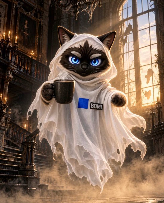 A digitally rendered Siamese cat dressed as a ghost in a tattered white sheet holding a dark mug, with a blue 'BOMI' logo on its chest, floating in an ornate, candlelit gothic mansion.