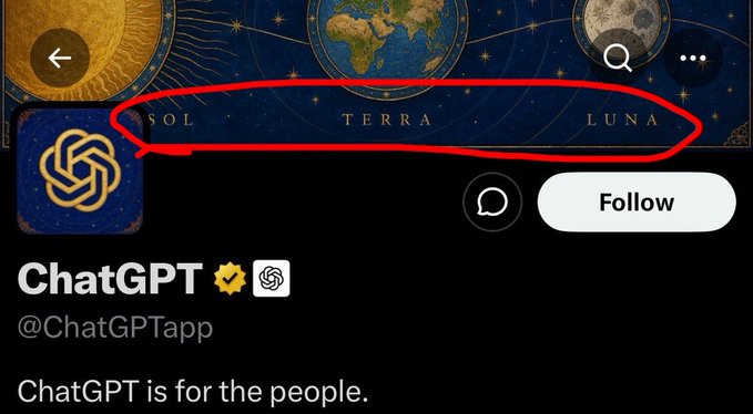 Twitter profile for ChatGPT (@ChatGPTapp) with banner featuring celestial imagery and words SOL, TERRA, LUNA, and bio stating 'ChatGPT is for the people.'