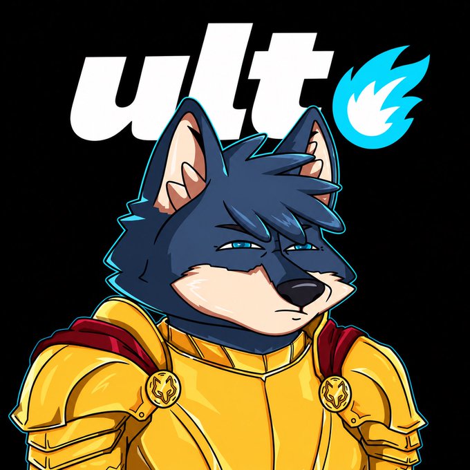 An illustrated logo featuring an anthropomorphic blue wolf character wearing gold armor with a red cape, alongside the text "ult" and a blue flame logo.
