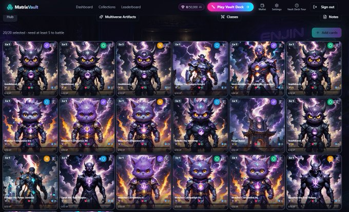 A gallery view from 'MatrixVault' showing 20 selected NFT collectibles featuring dark, armored cat-like characters with glowing purple eyes and lightning effects.