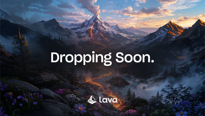 A dramatic mountain landscape with glowing lava flows winding through a valley, overlaid with the text "Dropping Soon." and the "lava" logo at the bottom, visually announcing an upcoming launch.

The fiery lava snaking through the snowy peaks reinforces the "Lava" branding and the "dropping soon" teaser, evoking the intense, transformative nature of the next upcoming project hinted at in the post.