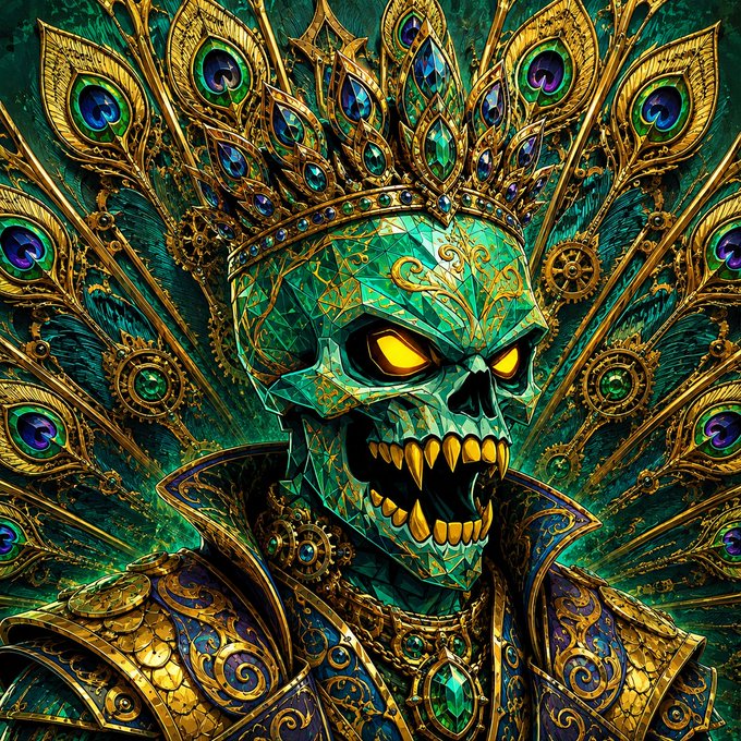 A vibrant fantasy illustration of a skeletal figure with a green crystalline skull, glowing yellow eyes, and golden teeth, adorned with an elaborate gold crown featuring peacock feathers and green gems.