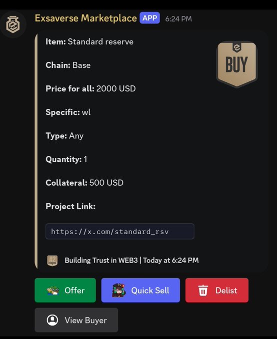 Screenshot of the Exsaverse Marketplace app listing a 'Standard reserve' item on the Base chain, priced at 2000 USD with 500 USD collateral, including Offer, Quick Sell, and Delist buttons.