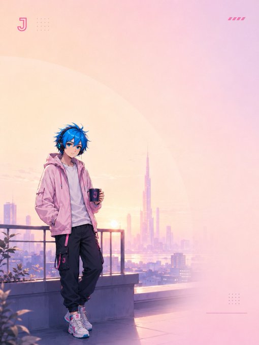 An anime-style digital illustration of a blue-haired boy in a pink jacket holding a cup, standing on a rooftop overlooking a futuristic city with a large Burj Khalifa-like tower at sunset.