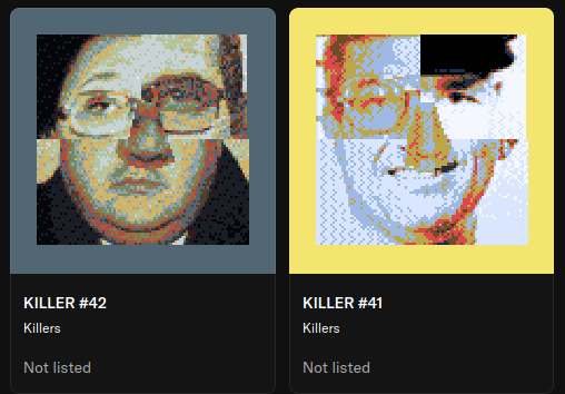 Two pixelated portrait cards displayed side by side with dark gray backgrounds, labeled "KILLER #42" and "KILLER #41" in the "Killers" collection, both marked as "Not listed" — suggesting these generative pixel art portraits from the Killers series are newly minted NFT listings.