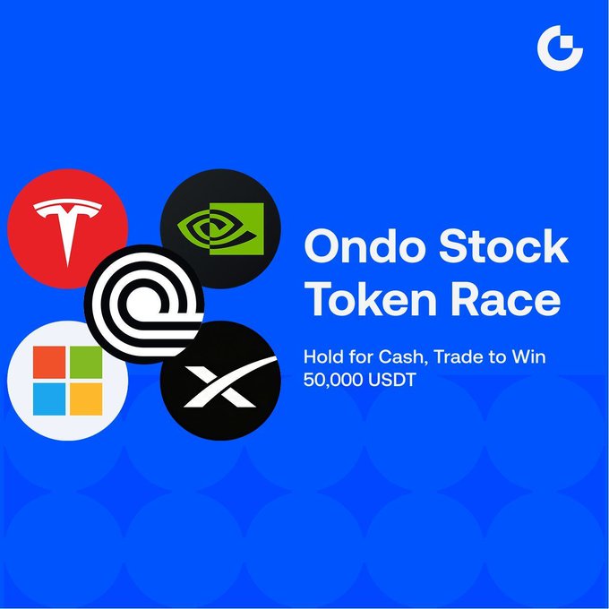 A promotional graphic for Gate.io's "Ondo Stock Token Race" featuring the logos of Tesla, NVIDIA, Microsoft, Ondo, and XRP (Microsoft) on a blue background, with the text "Hold for Cash, Trade to Win 50,000 USDT." The image promotes Gate's weekend Ondo stock token trading event, complementing the post's message about extended trading hours with a 5x multiplier.