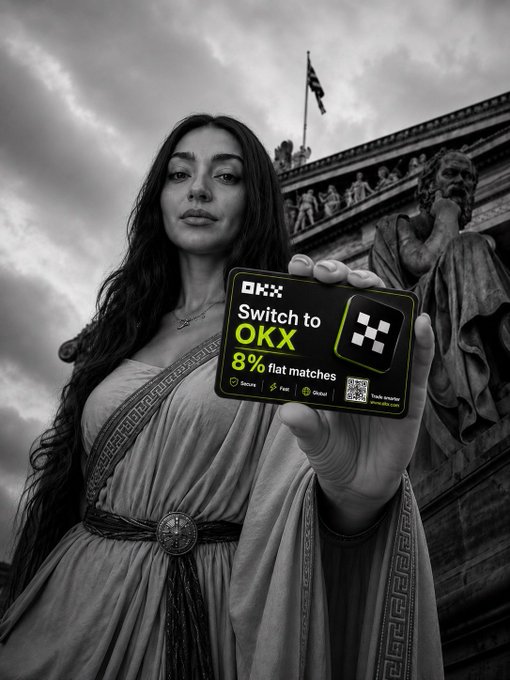 A woman in classical Greek-inspired attire holds up an OKX promotional card reading "Switch to OKX 8% flat matches" against a cloudy sky and statue backdrop, visually reinforcing the post's message about OKX being the first fully MiCA-licensed global exchange as EU crypto regulations take effect on July 1st.