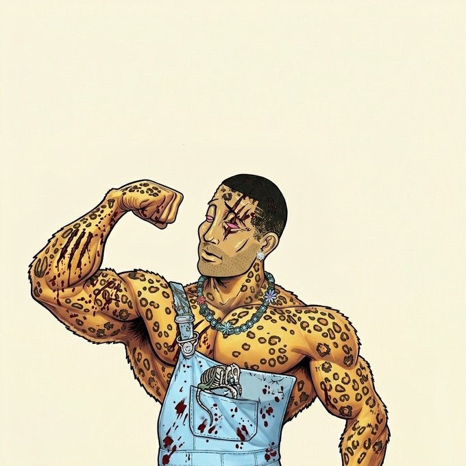 An illustrated muscular figure with leopard-print skin flexes his arm while wearing blood-spattered denim overalls and a beaded necklace with flower accents.