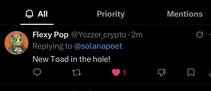 A tweet from "Flexy Pop" (@Yozzer_crypto) replies to @solanapoet with the message "New Toad in the hole!" alongside a Pepe frog avatar, reflecting the post's theme of seeing various degen poet profile pictures (pfps) on the timeline since 1999.