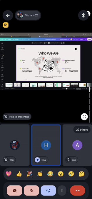 A mobile screen recording of a virtual meeting on Telegram where 'Hela is presenting' a slide titled 'Who We Are' showing global stats including '50 people' and '10+ countries', with 29 others in the call and reaction emojis available.