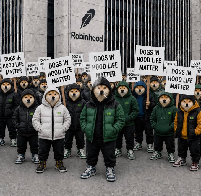An AI-generated image showing a group of people with dog heads wearing hoodies and holding protest signs reading 'DOGS IN HOOD LIFE MATTER' in front of a building with a Robinhood logo.