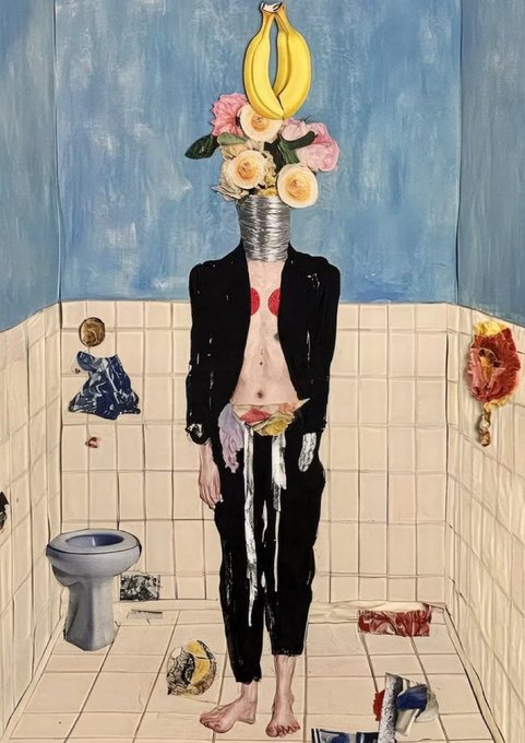 A surrealist painting depicting a figure in a black suit standing in a tiled bathroom, with a head replaced by a metal can topped with a bouquet of roses and a banana, surrounded by surreal objects including a disembodied leg and meat.