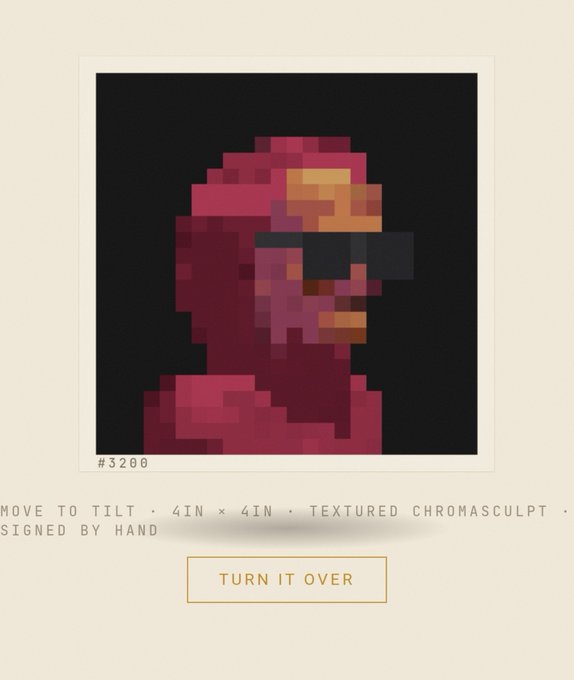Digital artwork #3200 showing a pixelated stylized portrait in red and orange tones on a black background, labeled as a 4in x 4in textured chromasculpt signed by hand.