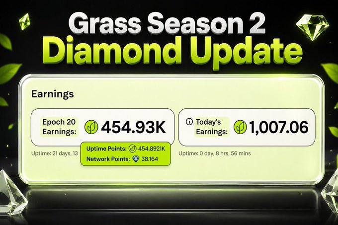 A 'Grass Season 2 Diamond Update' earnings dashboard showing Epoch 20 Earnings of 454.93K with Uptime Points and Network Points, plus Today's Earnings of 1,007.06.