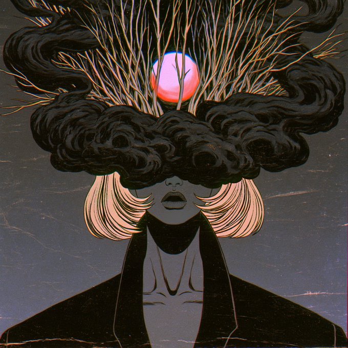 A stylized illustration of a figure with pale skin and dark hair whose head is obscured by a large dark cloud from which leafless tree branches grow, with a glowing red sun visible in the background.