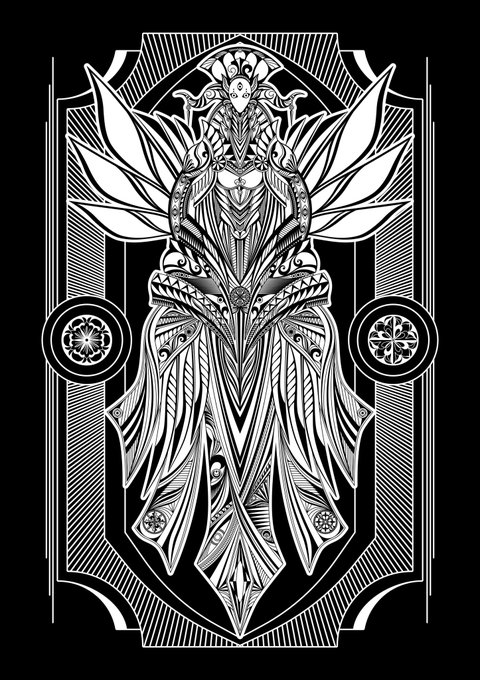 An intricate black and white symmetrical illustration featuring an ornate angelic or goddess-like figure with wings and flowing robes on a decorative background.