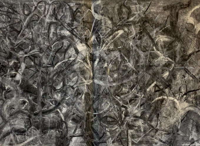A textured abstract painting features chaotic, overlapping dark lines and shapes in brown, gray, and white tones.