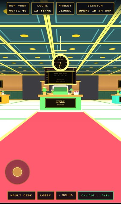 A pixel-art trading room scene shows "NEW YORK 06:31:46" with "MARKET CLOSED" and "SESSION OPENS IN 2H 59M," alongside an "SNYDR" vault desk, a green clock, and gold coins. The image illustrates the anticipation in the original post, counting down nearly three hours until the New York market opens for trading.
