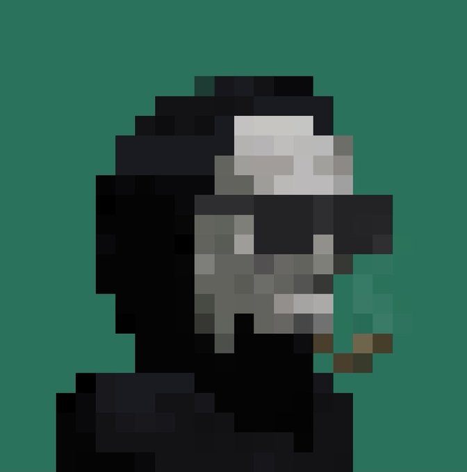 A heavily pixelated, low-resolution image showing a dark figure wearing what appears to be a cap against a solid green background.