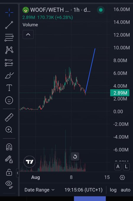 A TradingView chart shows the WOOF/WETH pair on a 1-hour timeframe, currently trading at 2.89M with a 6.28% gain (170.73K) and a recent blue trendline marking a sharp upward move from a base around 2.89M. This visual supports the post's bullish thesis by illustrating a "quiet bottom forming" followed by an explosive breakout in WOOF, framed as a potential leading meme asset on the Robinhood Chain.