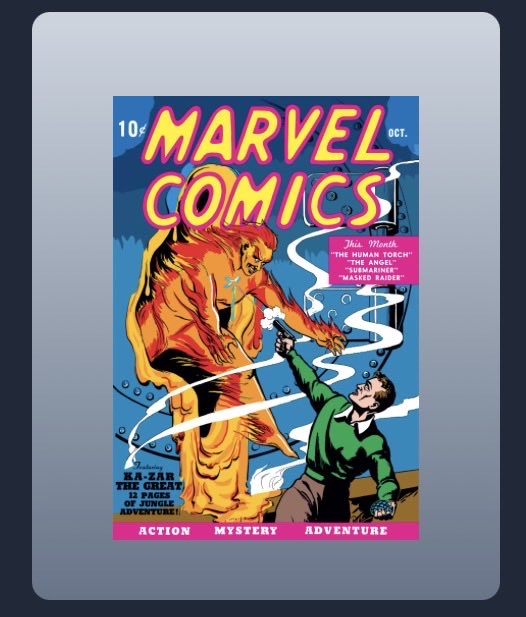 A vintage Marvel Comics cover (10¢, October) showing a fiery figure battling a man with smoke, featuring text about 'The Human Torch', 'The Angel', 'Submariner', and 'Masked Raider' along with 'KA-ZAR' and 'ACTION MYSTERY ADVENTURE'.