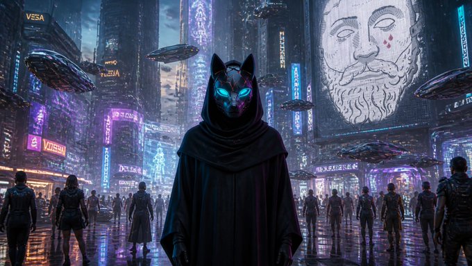 Digital artwork depicting a hooded figure with a glowing, cat-like mask standing in a futuristic, cyberpunk cityscape with flying vehicles and a large face on a billboard in the background.