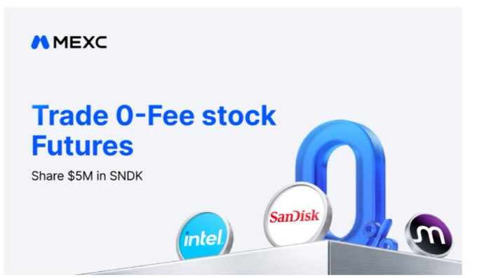 A promotional MEXC advertisement featuring the text "Trade 0-Fee stock Futures" and "Share $5M in $SNDK" alongside images of Intel, SanDisk, and other company logos, illustrating the zero-fee stock futures trading feature highlighted in the post.