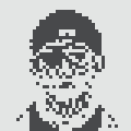 A small black and white pixel-art portrait of a character, shown at very low resolution.