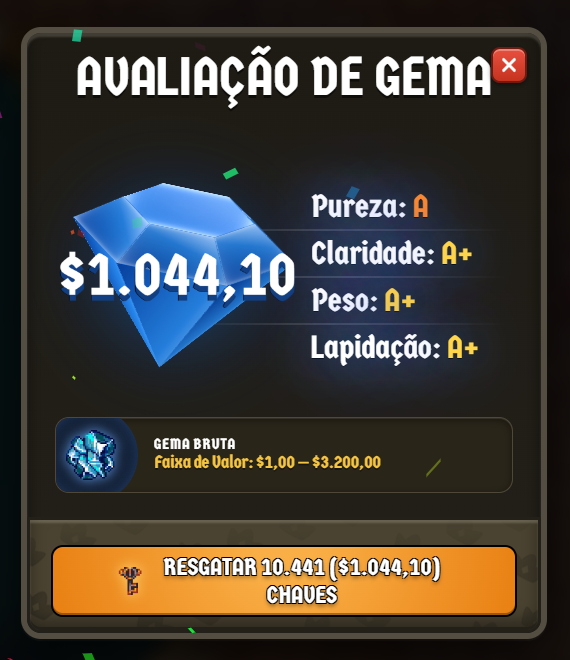 A Portuguese-language game screen titled 'AVALIAÇÃO DE GEMA' (Gem Evaluation) showing a blue gem valued at $1,044.10 with grades of A for Purity and A+ for Clarity, Weight, and Lapidação (Cut), requiring 10,441 keys to redeem.