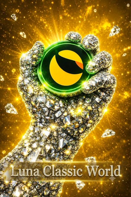 A diamond-encrusted golden hand clutches a glowing green Luna coin against a radiant golden background, symbolizing power, wealth, and the brilliance of the "Luna Classic World" brand. The luxurious imagery aligns with the post's theme of strength and elite crypto finance, reinforcing the hashtags #LUNC, #LUNCcommunity, #LCW, and #CryptoElite.