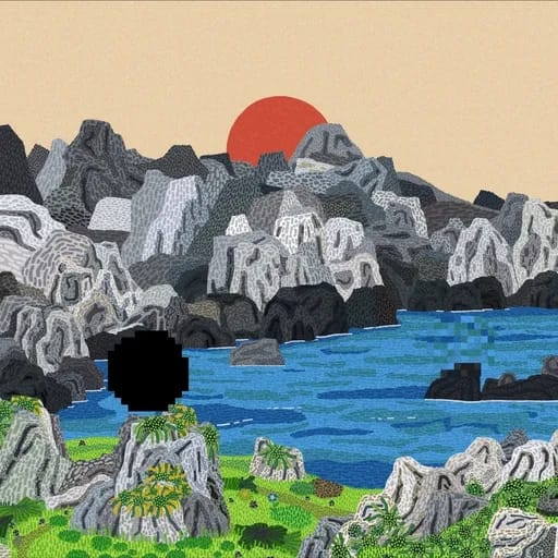 A pixelated digital artwork showing a landscape with rocky gray mountains, a blue body of water, and a red sun setting on a beige sky, with a black square glitch in the foreground.