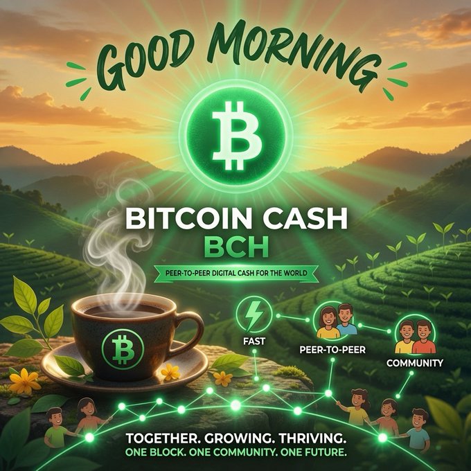 A 'Good Morning' promotional graphic for Bitcoin Cash (BCH), describing it as peer-to-peer digital cash with tea plantation and mountain scenery in the background.